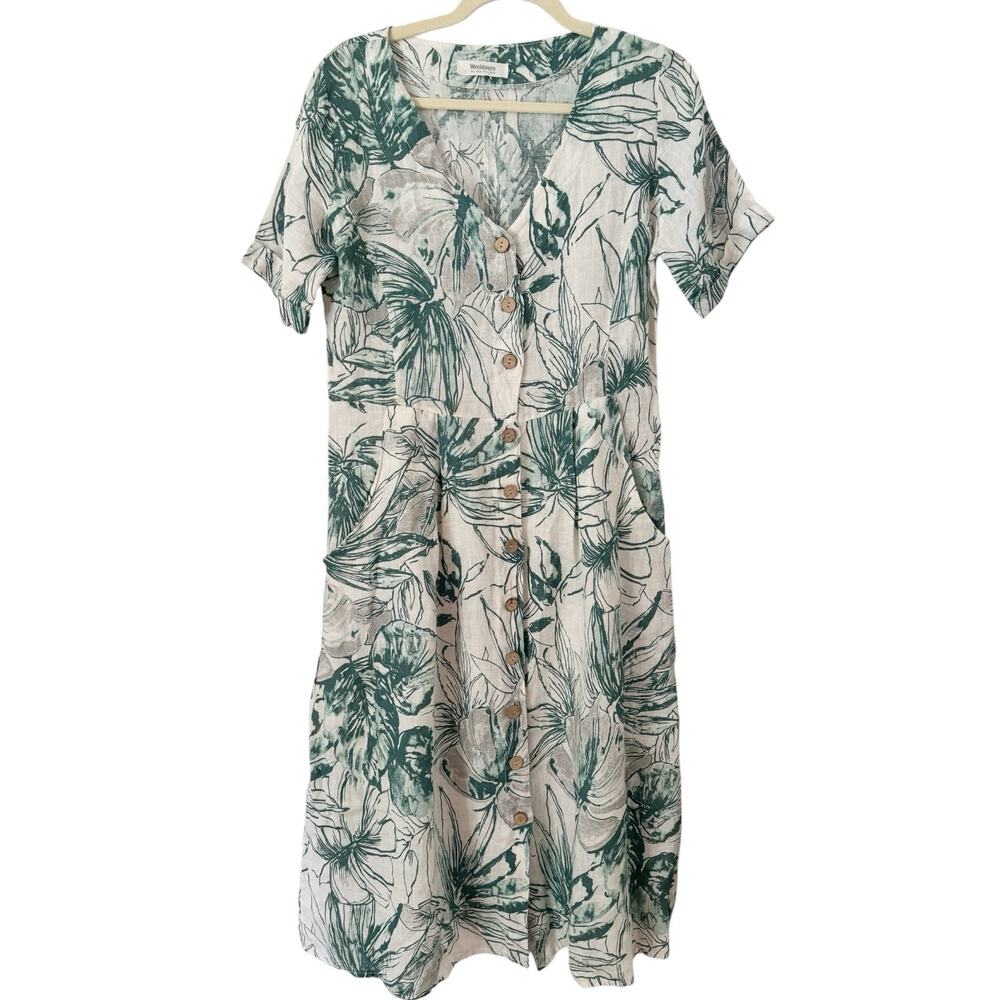 Woolovers Green Floral Linen Oversized Button Front Dress Size 6
